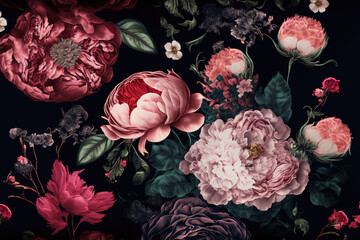 Vintage flowers on a dark background. Abstract floral design in pastel colors for prints, postcards or wallpaper. AI
