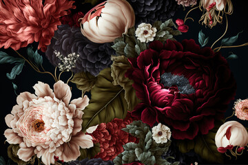 Vintage flowers on a dark background. Abstract floral design in pastel colors for prints, postcards or wallpaper. AI
