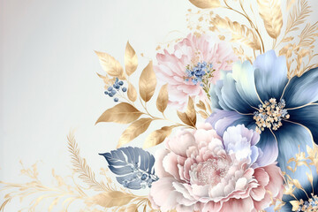 Beautiful flowers with copy space. Abstract floral design in pastel colors for prints, postcards or wallpaper. AI
