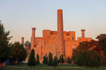 beautiful coloured mosque at the sunset in Samarkand