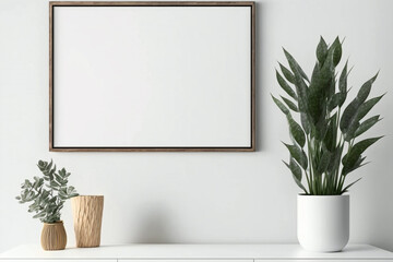 Modern Minimalist Interior with Empty Horizontal Frame Mockup and Trendy Plant in Vase on White Wall. Generative AI.