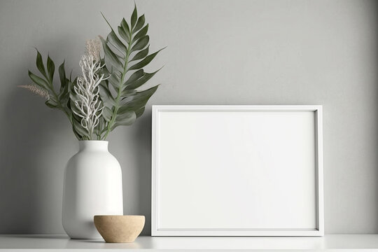Minimalist White Frame Mockup with Plant in Trendy Vase on Gray Wall. Generative AI.