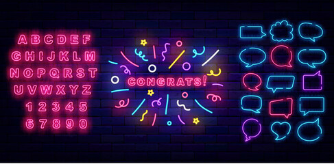 Congrats neon sign with confetti firework. Winnig and casino concept. Speech bubble frames set. Vector illustration