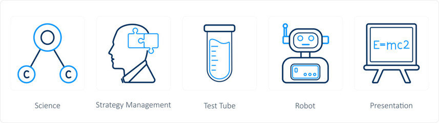 A set of 5 science icons as science, strategy management, test tube