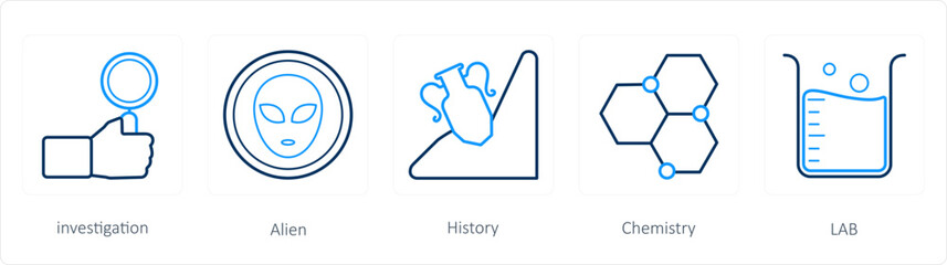 A set of 5 science icons as investigation, alien, history