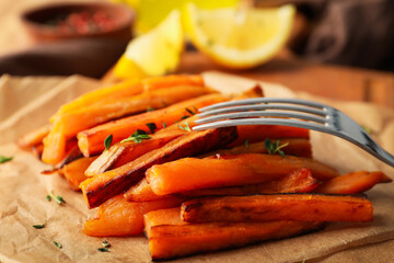 Concept of tasty food, fried sweet potato, close up