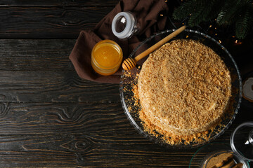 おいしいハニー ケーキ、おいしいデザート コンセプトの構成、テキスト用のスペース