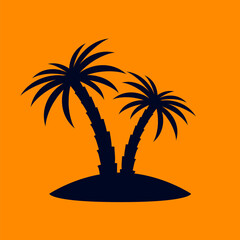 African Coconut Trees or Tropical Palm Trees on Orange Backdrop. Simple Black Silhouette for Eco Floral Logotype Emblem in Retro Art, or Travel Logo Design