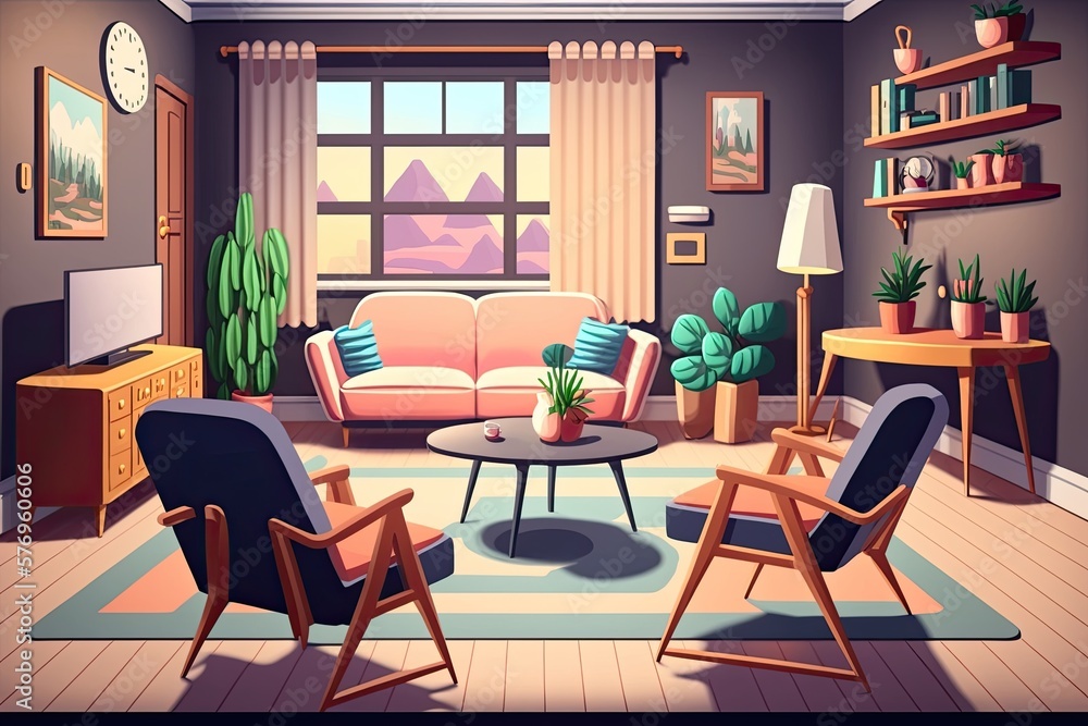 Sticker interior view of a large living room with a corner sofa, armchair, dining table, and chairs arranged