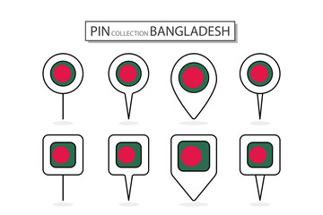 Set of flat pin Bangladesh flag  icon in diverse shapes flat pin icon Illustration Design.