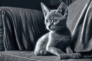 A young, blue grey abyssinian kitten of just two months' age. Purebred short haired kitten, beautiful in its own right, sitting on the couch in the living room. We need a close up, some copy space, an