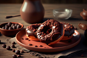 Homemade Chocolate Donuts with chocolate coating. National Donut Day. Homemade baking. Generative Ai
