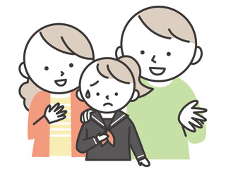 セーラー服を着た不安そうな女子学生と彼女を励ます両親