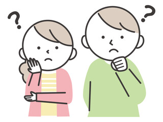 頭にはてなマークをうかべて悩ましい表情の若い男女のカップル・夫婦