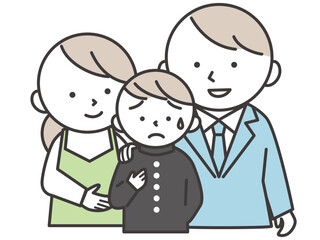 学ランを着た不安そうな男子学生と彼を励ます両親