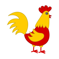 Cute red and yellow hen in profile on white background