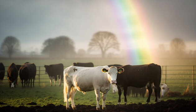 Cow farm, A scene of cows grazing in a field on a misty morning, with a faint rainbow visible in the background Generative AI