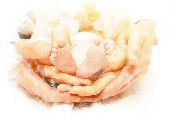 Watercolor baby feet in mother and father hands. Happy family concept. Beautiful conceptual image of parenthood
