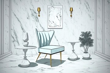 Interior with a chair and a table against a marble wall,,. Generative AI