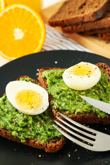 Concept of tasty breakfast with delicious food, close up