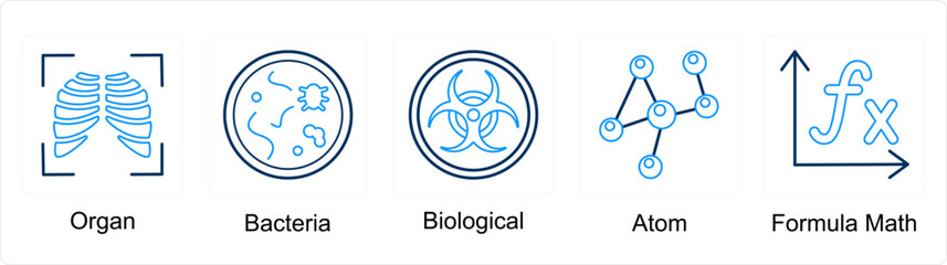 A set of 5 science icons as organ, bacteria, biological