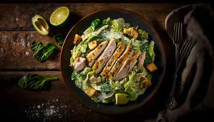 a Caesar Salad with Romaine Lettuce, Grated Parmesan Cheese, and Grilled Chicken Generative AI