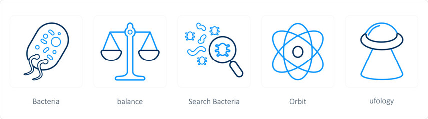 Obraz na płótnie Canvas A set of 5 science icons as bacteria, balance, search bacteria