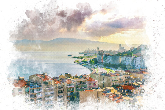 Watercolor city of Izmir (Smyrna), Turkey. Aegean sea. Panoramic view from the City Asansor (the elevator, Karatas, Konak)