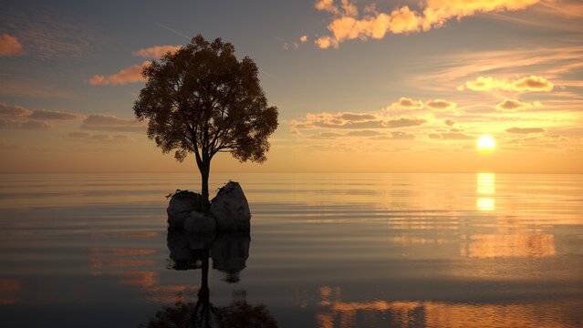 tree on an island in the middle of a lake. beautiful landscape, 3D illustration, cg render