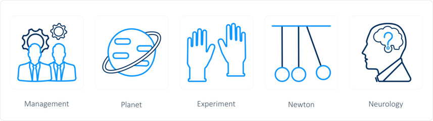 A set of 5 science icons as management, planet, experiment