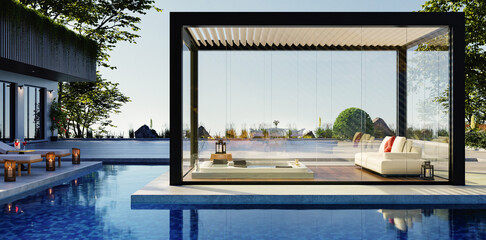 3D render of luxury jacuzzi with glass pergola on private deck - obrazy, fototapety, plakaty