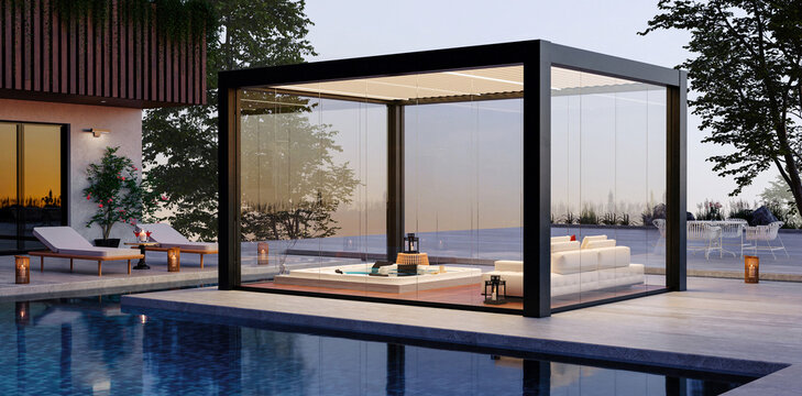 3D illustration of glass pergola on private terrace at dusk