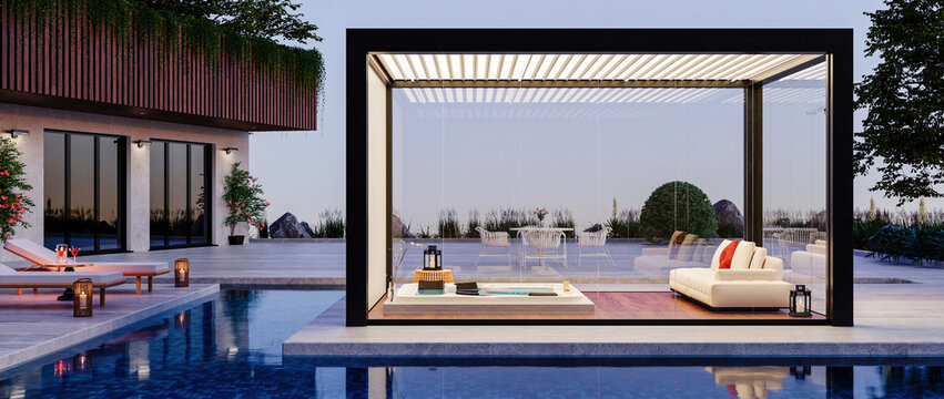 3d render of luxury Glass Pergola on pool deck