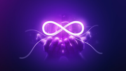 Unlimited network connection hologram technology on infinite loop symbol communication background of digital motion eternity futuristic metaverse online community or infinity cyber innovation system. - obrazy, fototapety, plakaty