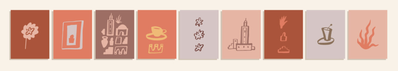 Vector boho abstract set of Morocco-inspired hand drawn posters. Abstract organic aesthetic wall art. Esoteric Bohemian Moroccan wall art illustration. Medina architecture pottery earth tone postcards