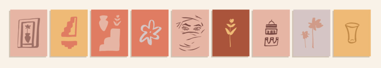 Obraz premium Vector boho abstract set of Morocco-inspired hand drawn posters. Abstract organic aesthetic wall art. Esoteric Bohemian Moroccan wall art illustration. Medina architecture pottery earth tone postcards