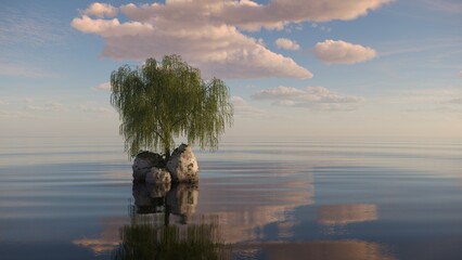 tree on an island in the middle of a lake. beautiful landscape, 3D illustration, cg render