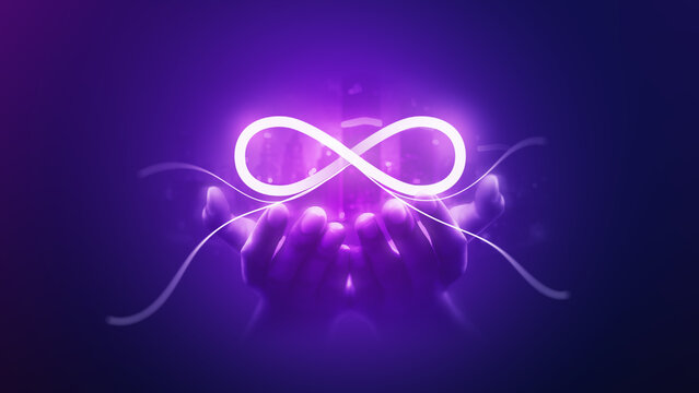 Unlimited network connection hologram technology on infinite loop symbol communication background of digital motion eternity futuristic metaverse online community or infinity cyber innovation system.