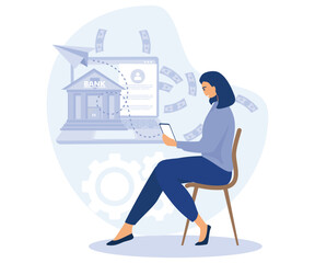 Remote payroll, Freelancer filling invoice, distance job payroll, money transfer online, get salary on bank account, flat vector modern illustration