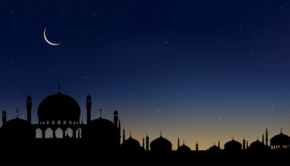 Ramadan card with Mosques dome,Crescent moon on blue sky background,Vertical banner Ramadan Night with twilight dusk sky for Islamic religion,Eid al Adha,Eid Mubarak,Eid al fitr,Ramadan Kareem