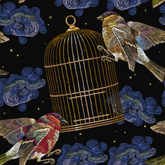 Vintage birds, golden cage and night sky seamless pattern. Good night. Dreams concept. Embroidery. Fashion fantasy template for clothes, tapestry, t-shirt design