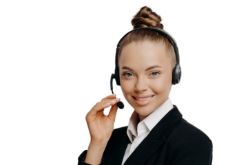 Female speaker with dark suit adjsting mic on headset