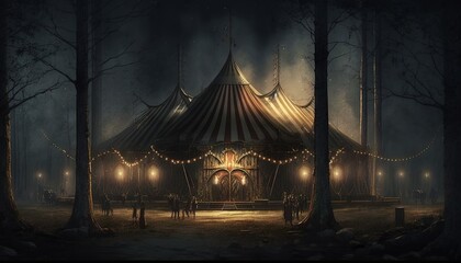 Big circus tent in a dark and creepy forest. Generative AI - obrazy, fototapety, plakaty