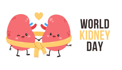 World kidney day card, vector illustration with cute cartoon couple of kidney in yellow scarf.
