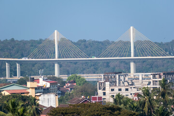 A view of the cable stayed Atal Setu bridge above a cityscape of Panaji.