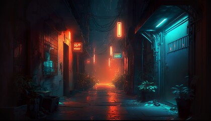 Dark and dirty cíberpunk alley with colorful neon lights and buildings. Generative AI