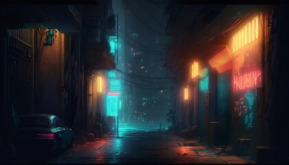 Dark and dirty cíberpunk alley with colorful neon lights and buildings. Generative AI