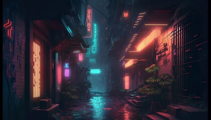 Dark and dirty cíberpunk alley with colorful neon lights and buildings. Generative AI - obrazy, fototapety, plakaty