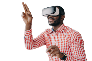 Impressed african ethnicity guy in VR headset glasses enjoying virtual reality online at work