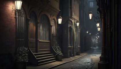 Dark victorian style alley with cobble road, buildings and lamps. Generative AI